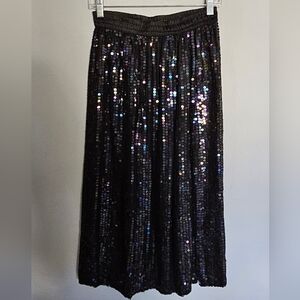 Vintage Pull On Midi Skirt Women's Size S Black 100% Silk Sequin Slit Party NYE